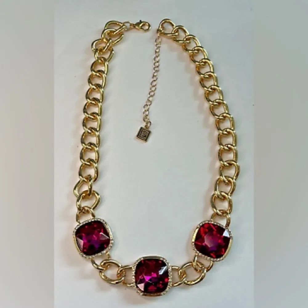Laundry by Sheli Segal gold statement necklace magenta pink gems